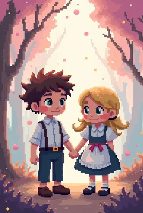 Hansel and Gretel, siblings in pixel dot images
Hansel and Gretel are dressed in a slightly modern style, and the overall backgr...