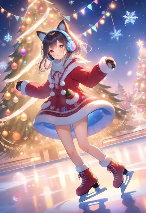 girl,  Cute winter clothes , snowflakes,  Spinning with arms ,  Warm Headphones in the form of paws, skates on feet, Ice Arena ,...