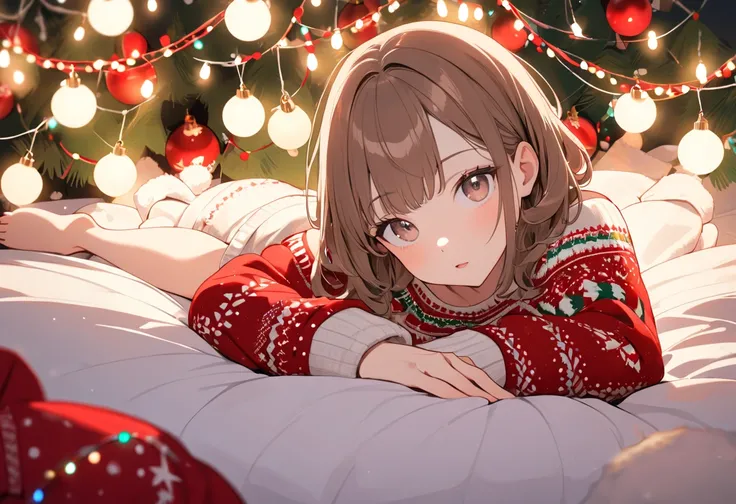 An a pale-skinned character who appears to be a femboy. Short (shoulder length), wavy brown hair with bangs. Lying on the bed su...