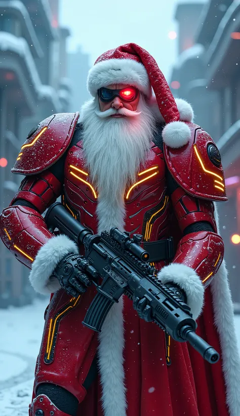 (Ultra detailed), (4k). A muscular futuristic Santa Claus, with a long white beard and a robotic suit inspired by Warhammer 40K,...