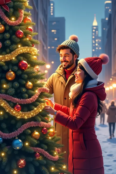  Christmas atmosphere in Soe City , Couple Woman and man make Christmas tree