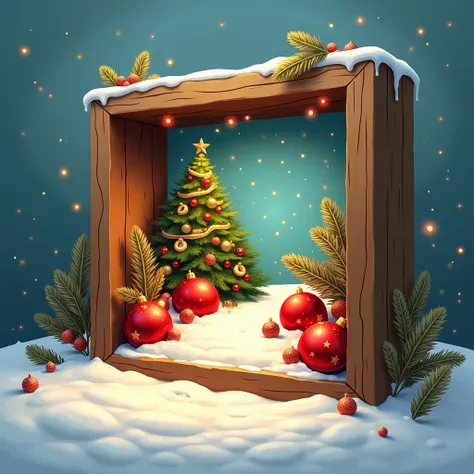 Painting frame,  front view ,  shapes with Christmas decorations, Tree and leaves,  red LED lights , red spheres , green and gol...