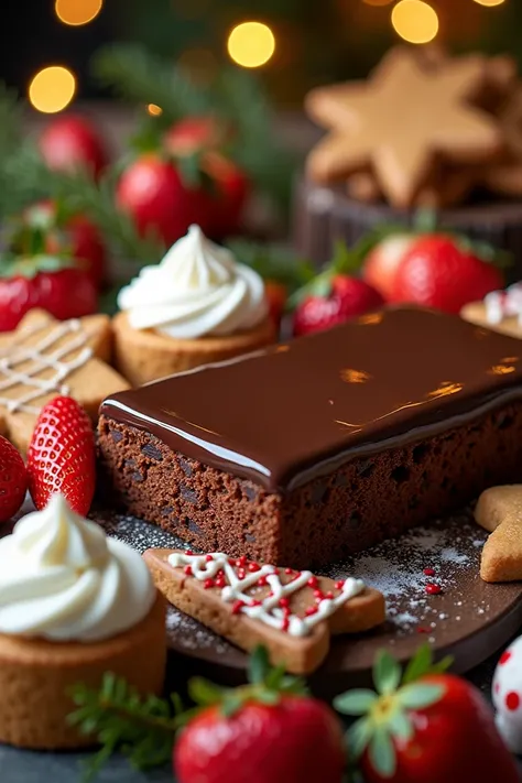 Create a highly detailed and realistic image of a festive table filled with Christmas desserts. The table should feature chocola...