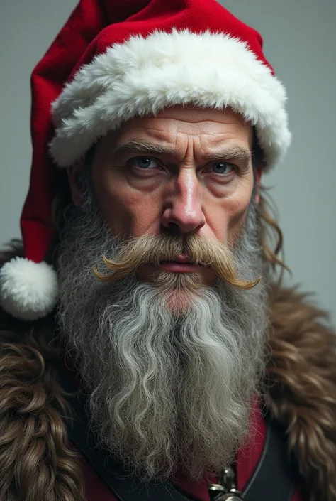 A 25-year-old white-skinned man with a long dark blond Viking-style beard with silver hair and wearing a Santa Claus hat 