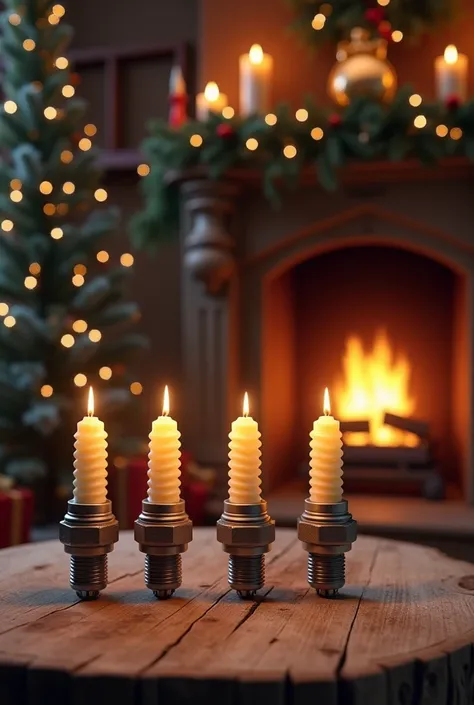 picture of a wooden table with four candles. the candles are shaped like a spark plug.  in the background one alloy wheel, chris...