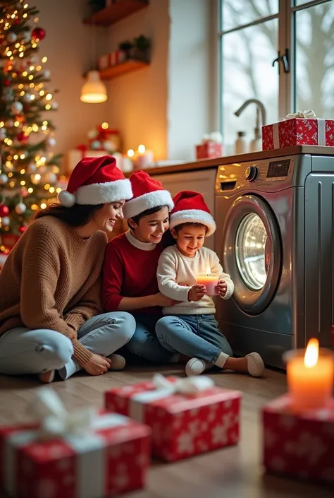  A happy family using an impeccable washing machine , all wearing Santa Claus hats ,  surrounded by wrapped gifts and Christmas ...