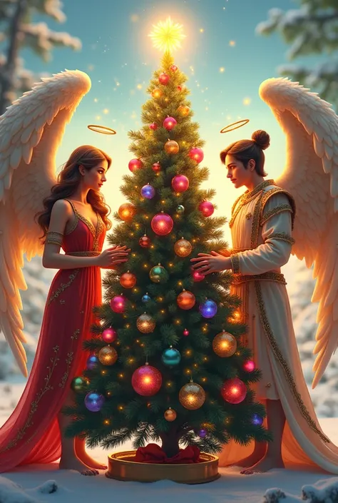  Christmas tree with spheres and lights of many colors, on each side an angel ,  one with the name Uriel and the other with the ...