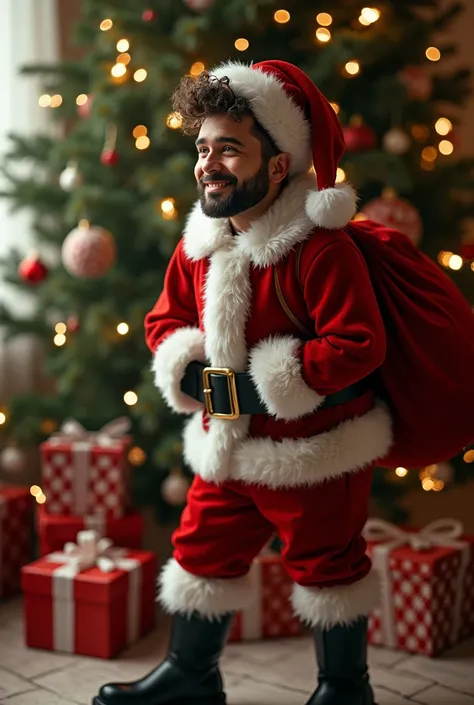 Close up Portrait of a handsome 20 year old man, he has no beard, he is wearing a Santa Claus hat, wearing traditional Santa Cla...