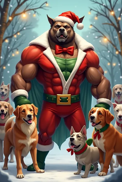 Muscular dog with Christmas costume and female dogs at his side 