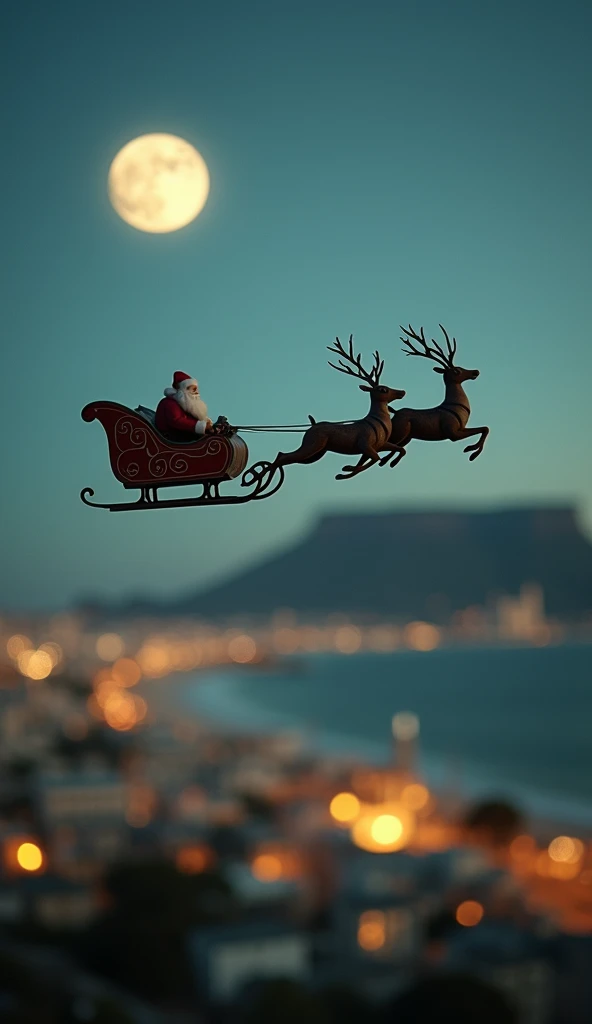 Santas smallest sleigh with reindeer ever flying at night over small Cape Town in South Africa, tilt shift, analog photo, faded,...