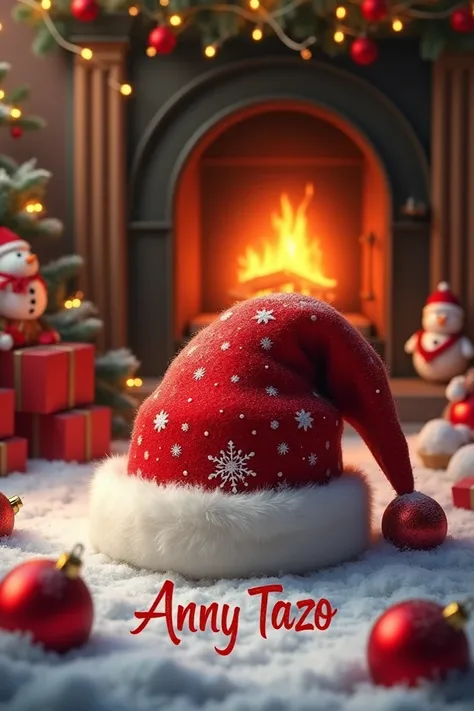 Christmas hat with snow on the floor with the name of Anny Tazo Dorado in red with red balls and a fireplace with Christmas ligh...