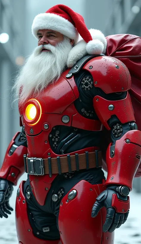 A full-body portrait of Santa Claus wearing futuristic red armor with a glowing energy core on his chest. His humanoid robot det...