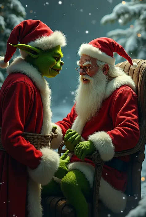 The Grinch tied to a chair talks to Santa Claus in white