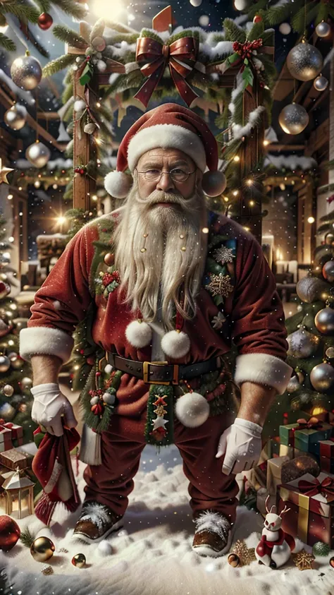 Hyper-realistic image of Santa Claus , Very friendly, holding a sign with the text " La Familia Dominguez Rangel les desean una ...