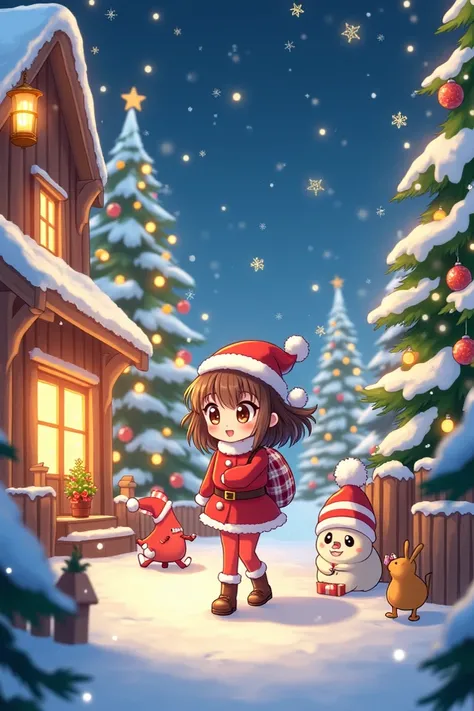 Create a Christmas picture with all the elements of anime.