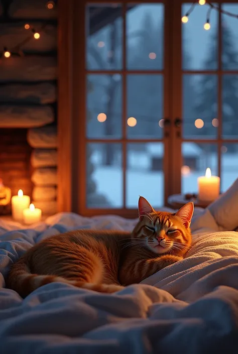 I want to create a small cabin、The room is furnished with soft beds and blankets、Large French windows、A lazy orange cat、There ar...