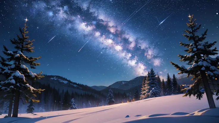  best image quality,  Christmas,  landscape painting, close shot, Shining Star々, Orion, Falling snow, Holy Night,  shooting star...