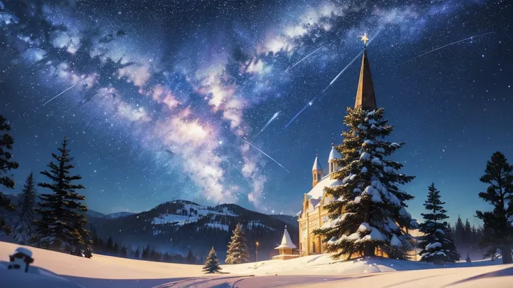  best image quality,  Christmas,  landscape painting, close shot, Shining Star々, Orion, Falling snow, Holy Night,  small shootin...