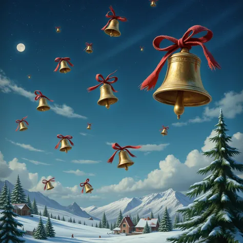
Ten giant plated hand bells are floating in the sky and playing Christmas songs on a holy night. This is cute fantasy art that ...