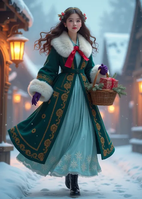  A beautiful picture of a young woman walking gracefully through a snowy village .  She has an elegant deep green coat 、Carefull...
