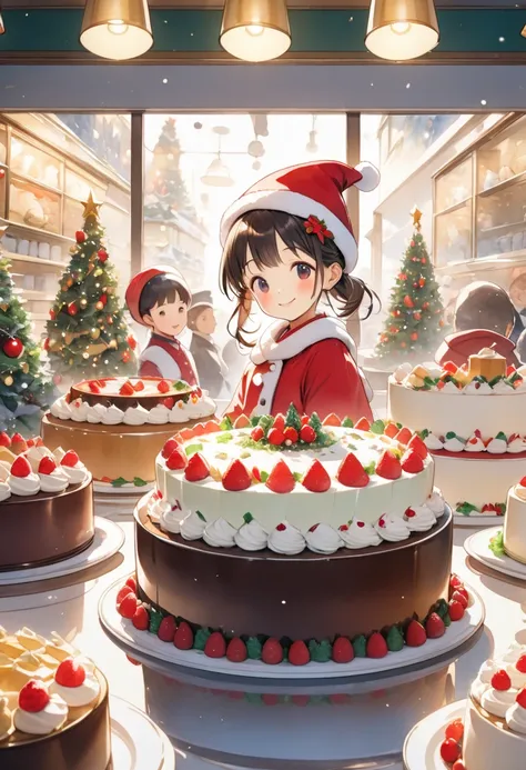 8K resolution、(masterpiece)( top quality)(Miniature)、 introduces Christmas cakes lined up in cake shops with a smile、 The assist...