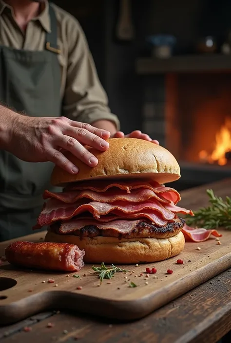  Create a realistic image of several pieces of meat being placed between 2 slices of bread , in an 18th century setting 