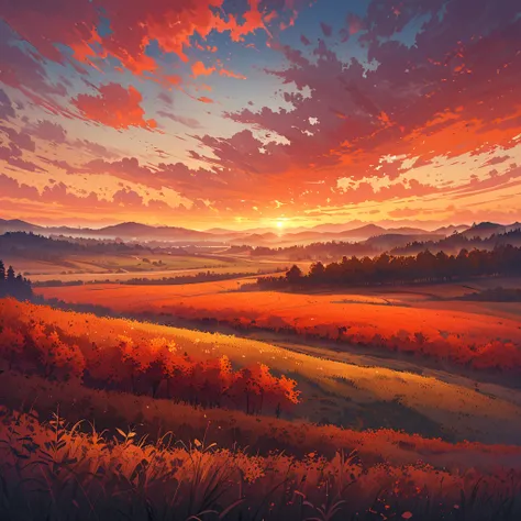 A hazy autumn evening, with the fiery orange and red colors of the western sky fading, as the landscape becomes a blurry patchwo...