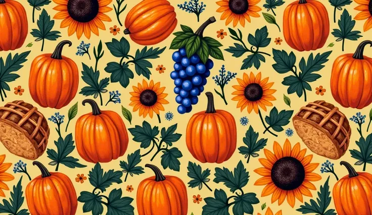 A dense pattern celebrating the Ukrainian harvest, with pumpkins, sunflowers, grapes, and woven bread (korovai) arranged in a li...