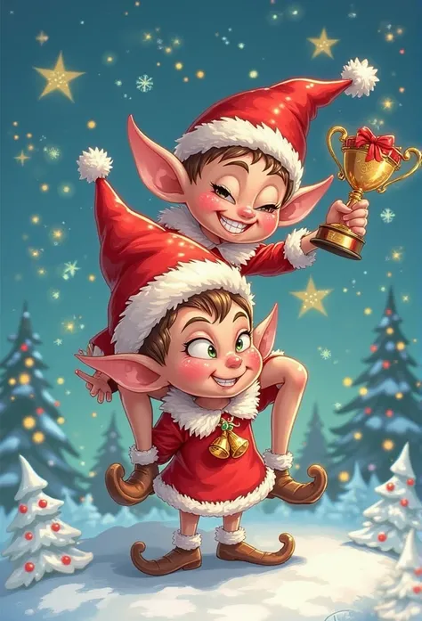 ((masterpiece)) ((photography)) ((Highest quality))A playful and humorous illustration of two mischievous Christmas elves in a w...