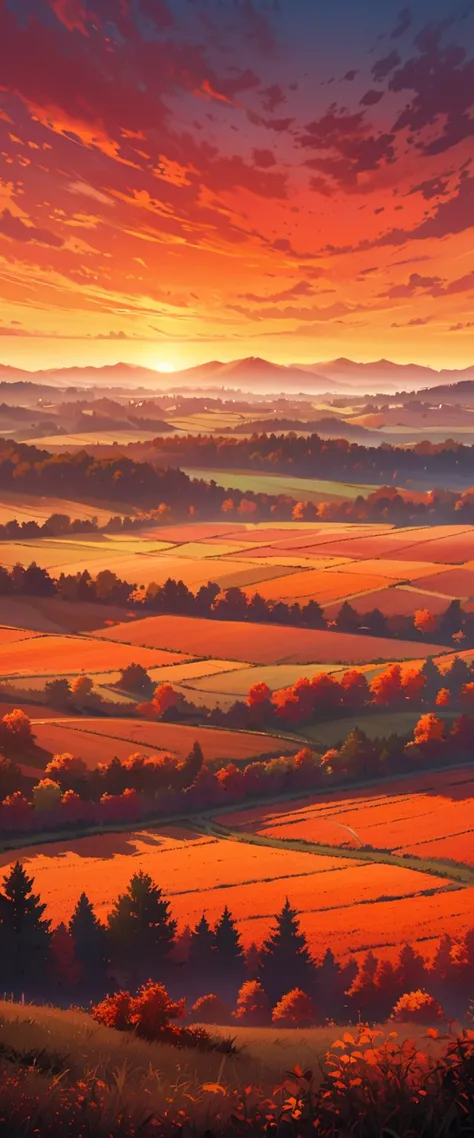 A hazy autumn evening, with the fiery orange and red colors of the western sky fading, as the landscape becomes a blurry patchwo...