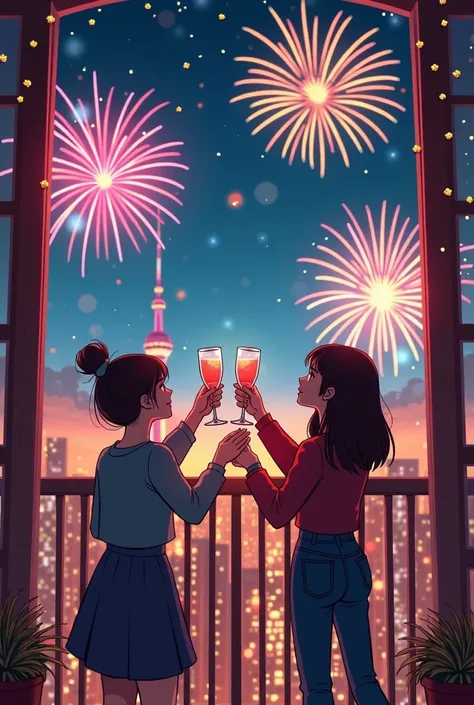 Create a New Year-themed notebook cover, 2025, view from a balcony , Toasting cups,  colorful fireworks and gold confetti