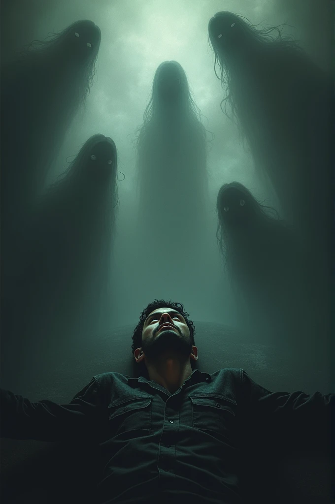  Create an image of a cover with a young man who is on his back but who is surrounded by shadows, ghosts from his past that stil...