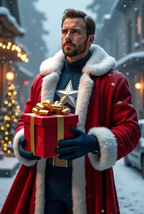 
Captain America dressed as Santa Claus holding a Christmas present