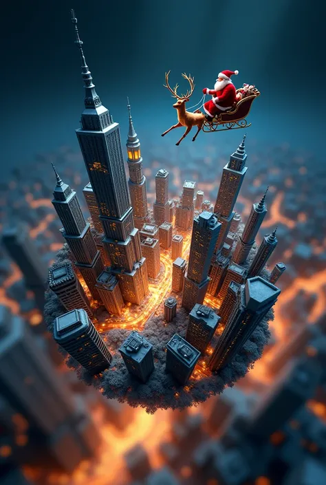  A glamorous metropolis at night made in elaborate miniatures ､ Santa Claus on a sleigh drawn by a reindeer is flying through th...