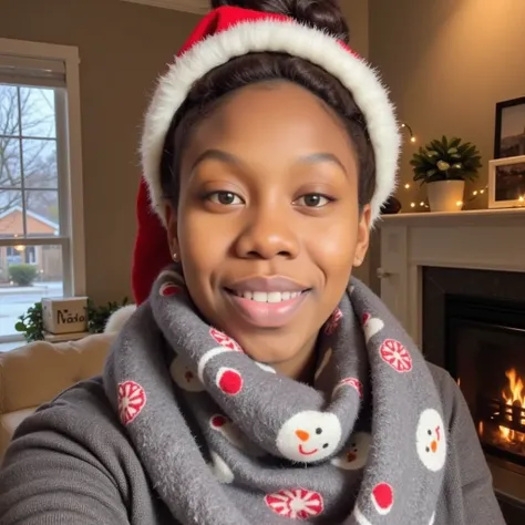 Destin
"A radiant Black woman, joyfully celebrating Christmas. She wears a Santa hat and a cozy snowman scarf, surrounded by a b...