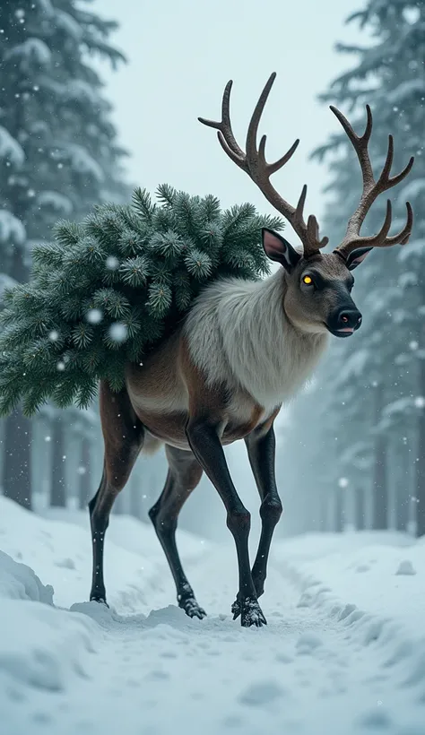 (  Masterpiece  :1.2),  top quality,  Christmas,  reindeer humanoid monster carrying a Christmas tree, snowy landscape,  Christm...
