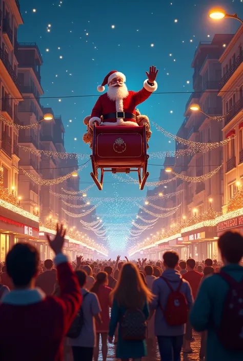 A vibrant Christmas scene set at night, with Santa Claus arriving in his magical sleigh pulled by reindeer. The sleigh is descen...