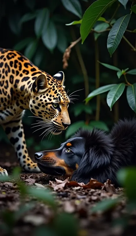 "A leopard crouches over a defeated Bernese mountain dog in a dark, dense jungle setting. The dogs body lies motionless, its thi...