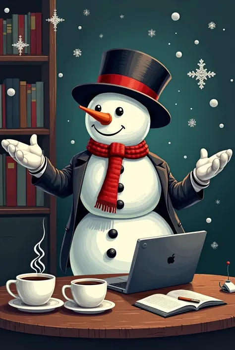 Design для футболки фон однородный черный, easy to remove . Design: A snowman in an office suit ,  background at a table with do...