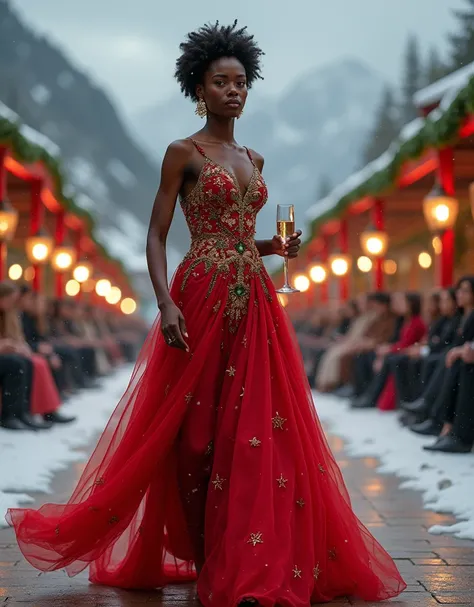 A stunning African woman steps onto the catwalk, her dark skin glowing in the soft light of the oil lamps that line the runway. ...