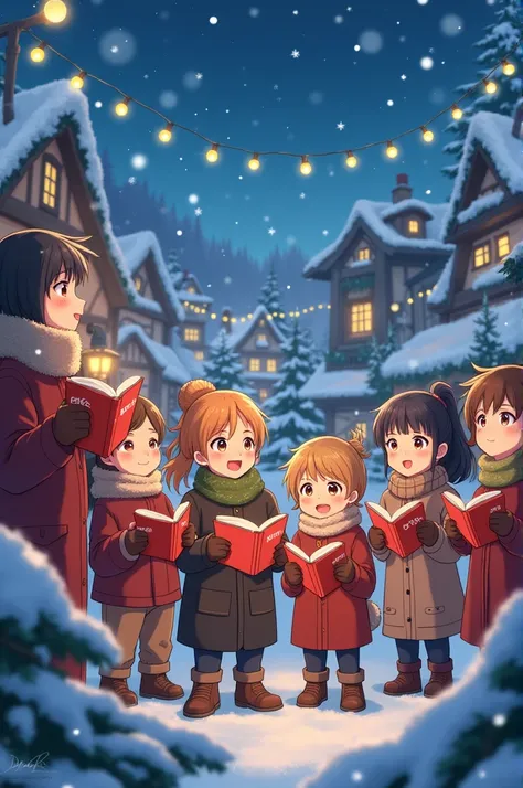 Make an anime style of a group of s singing Christmas carols while the background is snowing