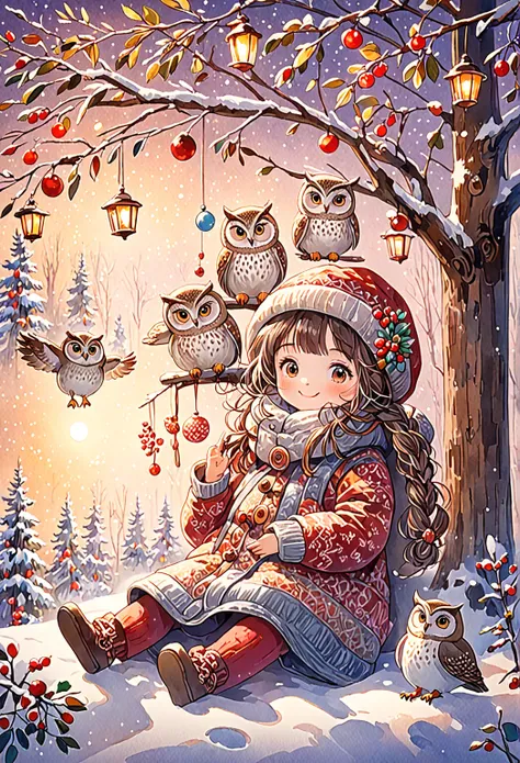   1 girl, This is an animated illustration of a beautiful winter scene with owls at Christmas ,  Its a detailed and vivid waterc...