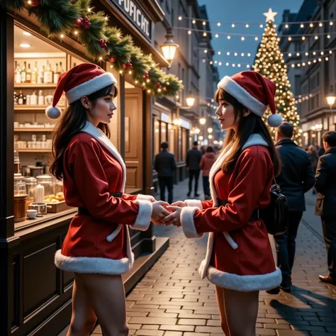  christmas lights、Decorate the city、 big Christmas tree in the city 、Bustling Streets 、clothes for cold days、 women handing out ...