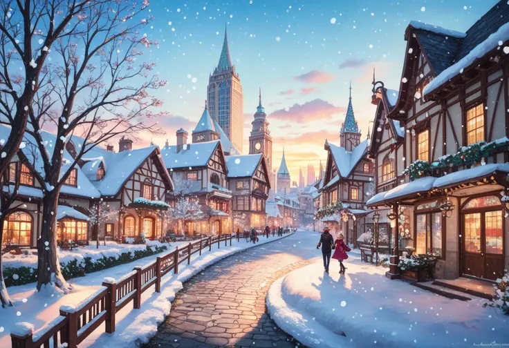 A vibrant and colorful winter cityscape in watercolor style. Snow is falling heavily, creating a magical and dreamy atmosphere. ...