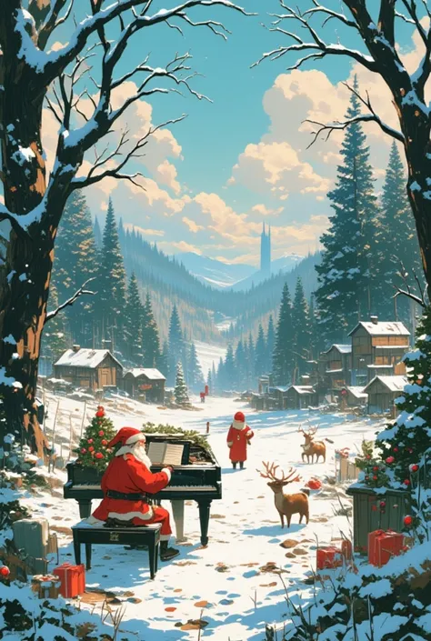 Christmas, a moment of peace, a forest that has become a battlefield, burnt trees and flowers, missile fragments, a grand piano ...