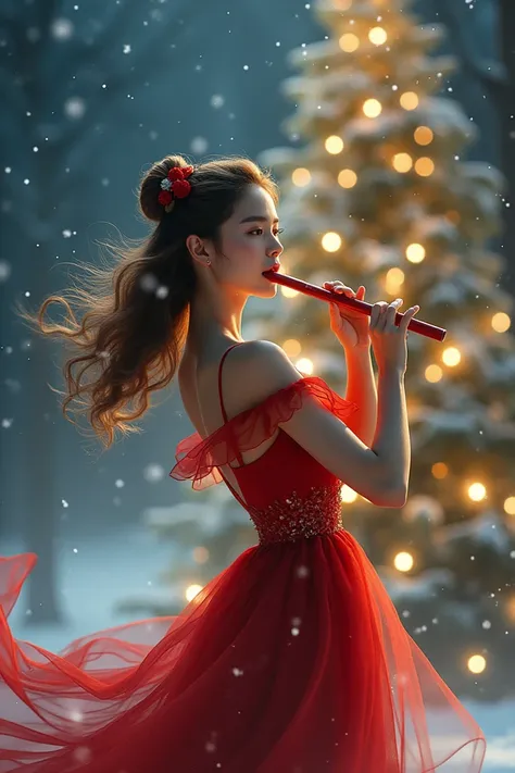 beautyful **** girl wearing red shots christmas dress celebrating christmas in a christmas tree snow fall and tinkling star sky ...