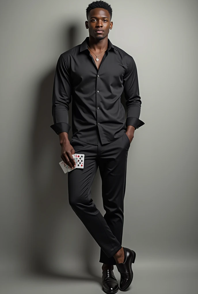 Young black man posing with hand in his pocket and deck of cards 
