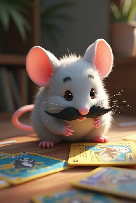 Light gray mouse with black mustache playing with Pokemon cards
