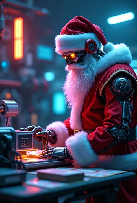 Neon cyborgue santa claus using a printer to print dollars