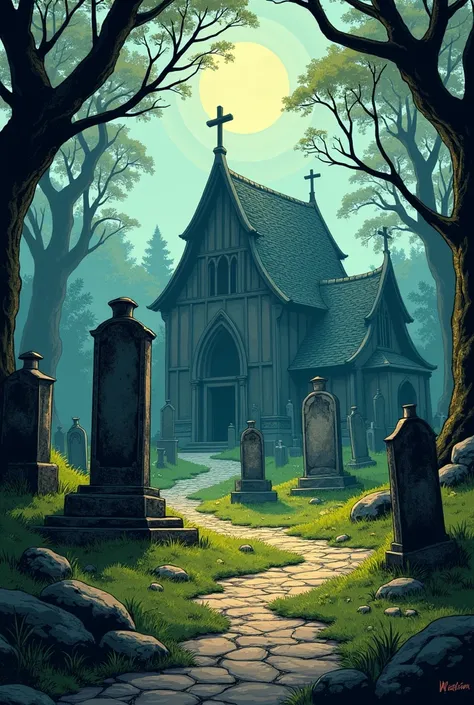 Draw a picture of a cemetery, comic style in color , concept:  medieval fantasy 